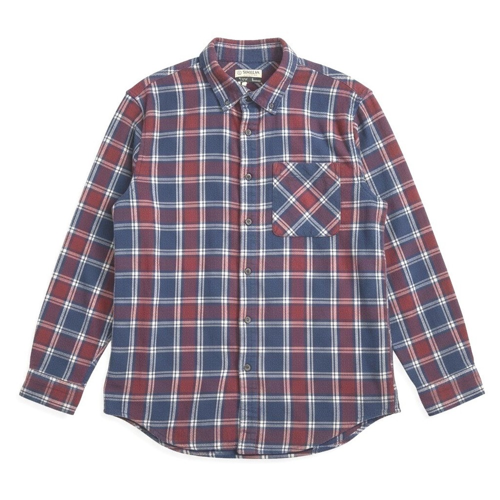 B Magellan Outdoors Mens Large Flannel Shirt Blue Burgundy Plaid Cotton Classic